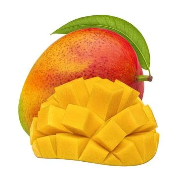 Mango fruit isolated on white background Mango fruit with mango cubes and ... Stock Photos