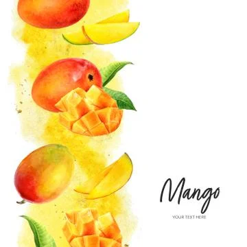 Mango fruit with leaves vertical border composition watercolor hand drawn Stock Illustration