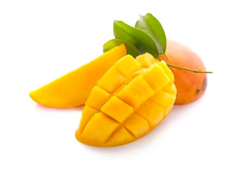 Mango fruit with mango cubes and slices. Stock Photos