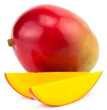 Mango fruit with mango cubes and slices. Isolated on a white background Stock Photos