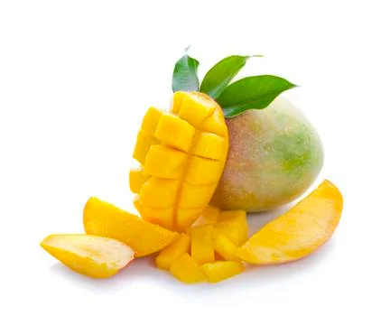 Mango fruit with mango cubes and slices. Isolated on a white background. Stock Photos