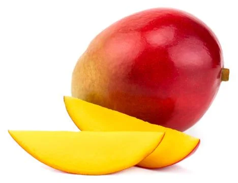 Mango fruit with mango cubes and slices. Isolated on a white background Stock Photos