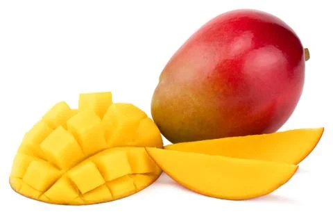 Mango fruit with mango cubes and slices. Isolated on a white background Stock Photos