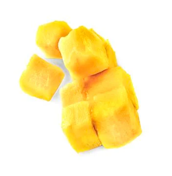 Mango fruit with mango cubes and slices Stock Photos