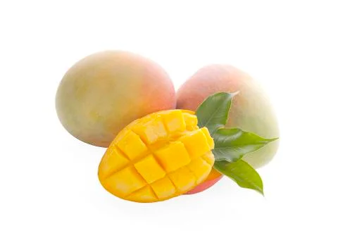 Mango fruit with mango cubes and slices. Isolated on a white background Stock Photos