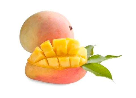 Mango fruit with mango cubes and slices an isolated on a white background Stock Photos