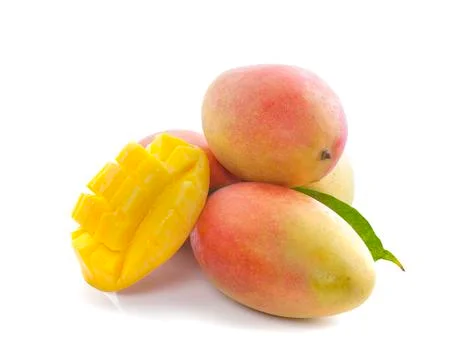 Mango fruit with mango cubes and slices an isolated on a white background Stock Photos