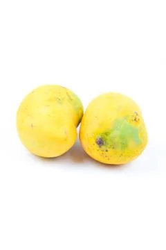 Mango fruit with mango cubes and slices. Isolated on a white background Stock Photos