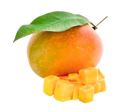 Mango fruit with mango cubes and slices. Stock Photos