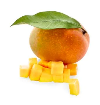 Mango fruit with mango cubes and slices. Stock Photos