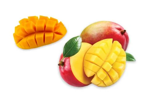 Mango fruit with mango cubes and slices. Isolated on a white background Stock Photos