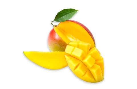 Mango fruit with mango cubes and slices. Isolated on a white background Stock Photos