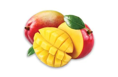 Mango fruit with mango cubes and slices. Isolated on a white background Stock Photos
