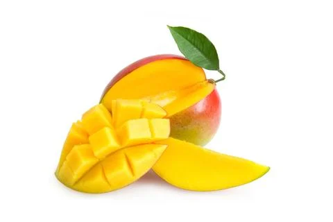 Mango fruit with mango cubes and slices. Isolated on a white background Stock Photos