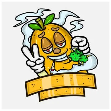 Mango Fruit Mascot Cartoon Characters With Weed Bud, Smoking and Blank Sign.. Stock Illustration