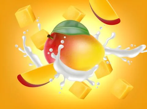 Mango fruit with milk splash Vector realistic. Detailed elements design. 3d i Stock Illustration