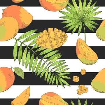 Mango fruit palm leaf graphic color seamless pattern background sketch illustrat Stock Illustration