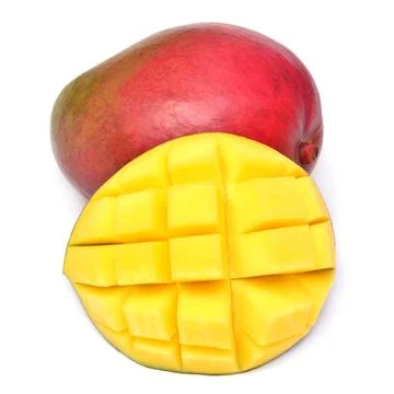 Mango fruit red whole and slices of cubes isolated on white background Stock Photos