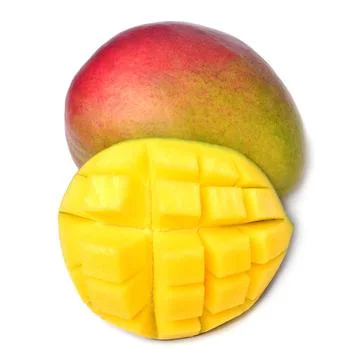 Mango fruit red whole and slices of cubes isolated on white background Stock Photos