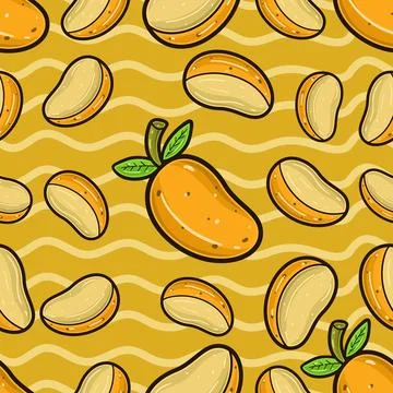 Mango Fruit Seamless Pattern in Cartoon Style. Perfect For Background, Back.. Stock Illustration