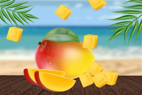 Mango fruit sliced on tropic background Vector realistic. Seaside view. Detai 스톡 일러스트