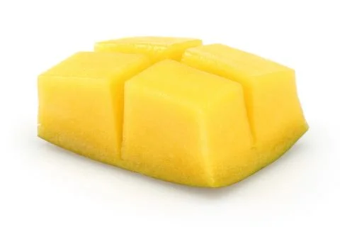 Mango fruit slices on white background Stock-Fotos