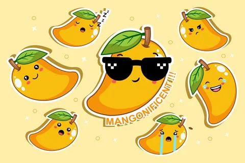 Mango Fruit Sticker Set with Different Emotions Vector Illustration Illustrazione stock