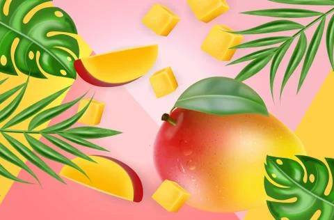 Mango fruit Vector realistic. Fresh delicious dessert slices. Abstract tropic 스톡 일러스트