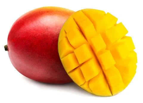 Mango fruit whole and half isolated on white background. Creative healthy f.. Stock Photos