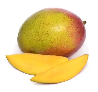 Mango fruit whole and slice isolated on a white background 스톡 사진