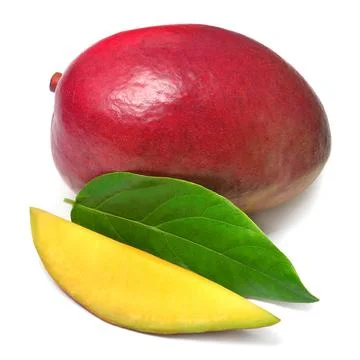 Mango fruit whole and slice with leaf isolated on a white background 스톡 사진