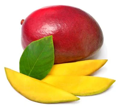 Mango fruit whole and slice with leaf isolated on a white background 스톡 사진