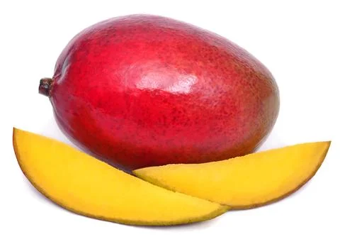 Mango fruit whole and slice isolated on a white background. Juice, healthy .. Stock Photos