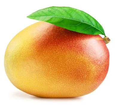 Mango with green leaf isolated on white background. Stock Photos