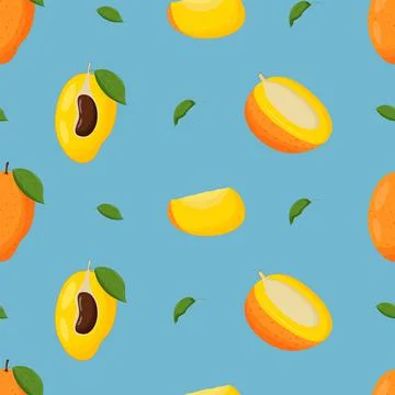 Mango with green leaves seamless pattern. Flat vector illustration Stock Illustration
