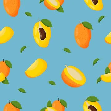 Mango with green leaves seamless pattern. Flat vector illustration Illustrazione stock