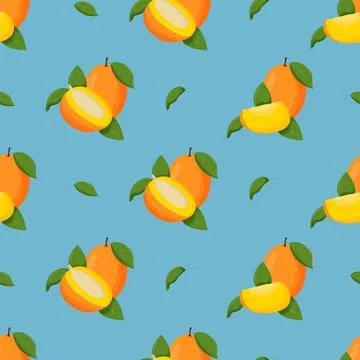 Mango with green leaves seamless pattern. Flat vector illustration Illustrazione stock