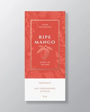 Mango Home Fragrance Abstract Vector Label Template. Hand Drawn Sketch Flowers Stock Illustration