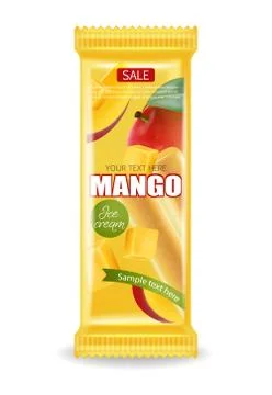 Mango ice cream package Vector realistic. Product placement label design. Det Stock Illustration