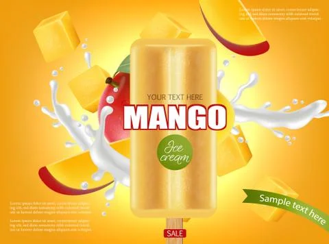 Mango ice cream splash Vector realistic. Fresh delicious iace cream dessert o Stock Illustration