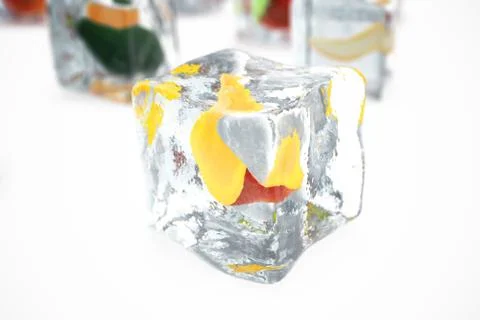 Mango in ice cube isolated on white with depth of field effects. Ice cubes with 스톡 일러스트