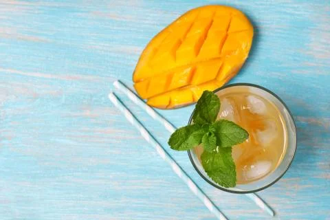 Mango ice tea with mint   (top view ) Stock Photos