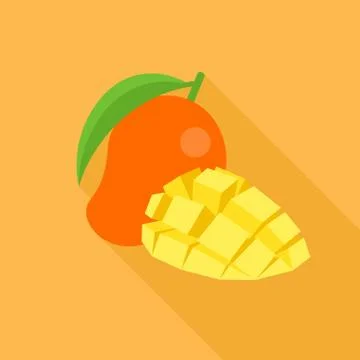Mango icon and piece of sliced mango with long shadow, flat design vector 스톡 일러스트