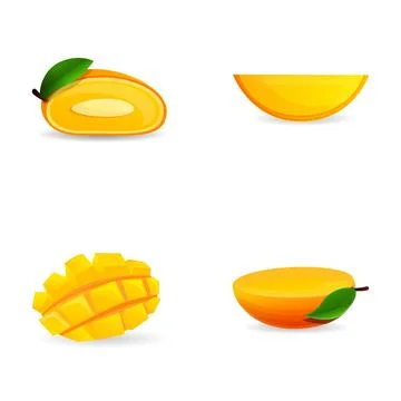 Mango icons set cartoon vector. Fresh ripe mango half Stock Illustration