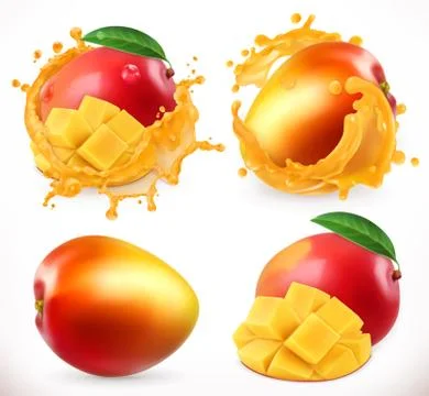 Mango juice. Fresh fruit, 3d realistic vector icon Stock Illustration