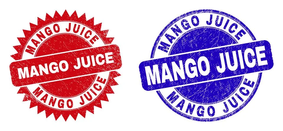 MANGO JUICE Rounded and Rosette Stamp Seals with Grunge Texture Illustrazione stock