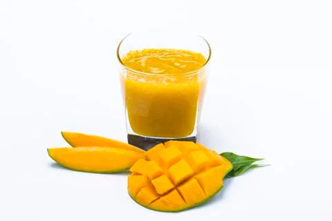 Mango juice with slice and leaf isolated on white Stock Photos