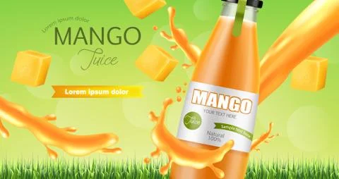 Mango juice splash Vector realistic. Product placement mock up. Packaging des Stock Illustration