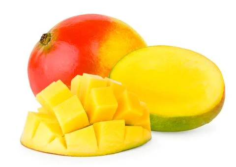 Mango, mango half and mango cubes close-up. Stock Photos