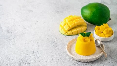 Mango Mousse on gray background, copy space Stock Photos